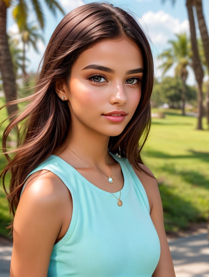 Young woman in sunlit park with palm trees
