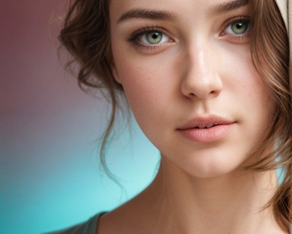 Young woman with striking green eyes and wavy hair