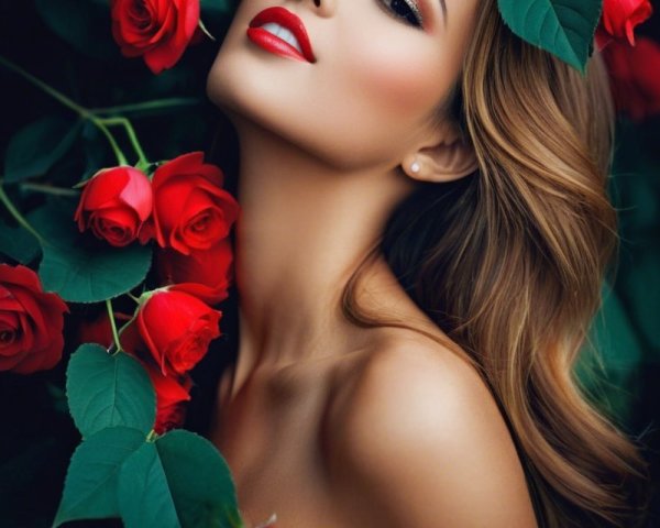 Woman with Wavy Hair and Red Roses in Greenery