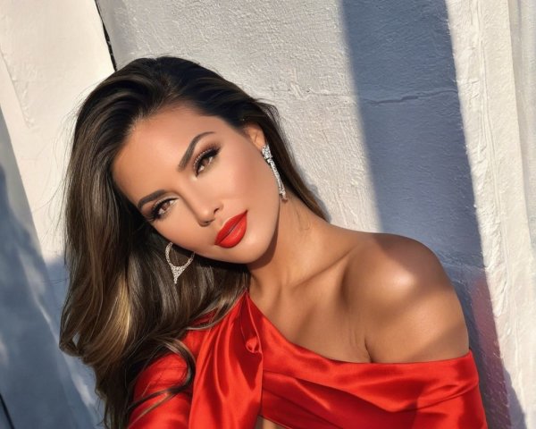 Model in Red Off-the-Shoulder Top Against White Wall