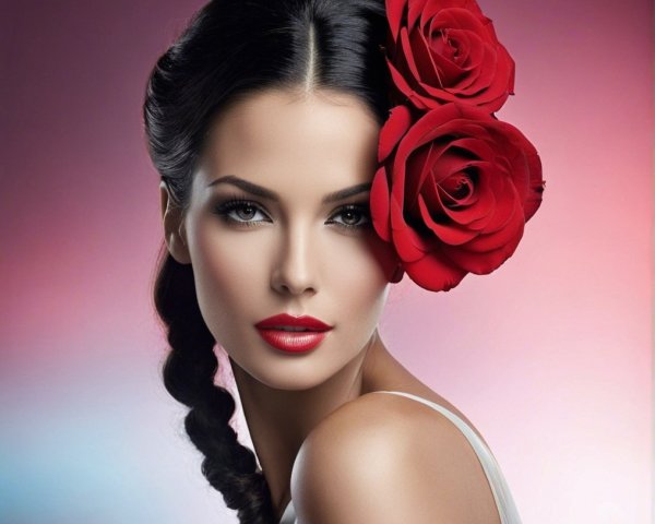 Woman with Braid and Red Roses in Elegant Setting