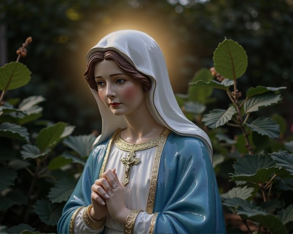 Statue of Virgin Mary Surrounded by Lush Greenery