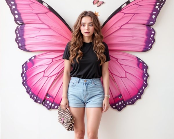 Young woman poses by large pink butterfly mural