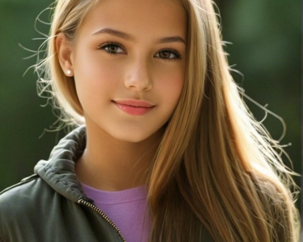 Young girl with blonde hair in green jacket outdoors