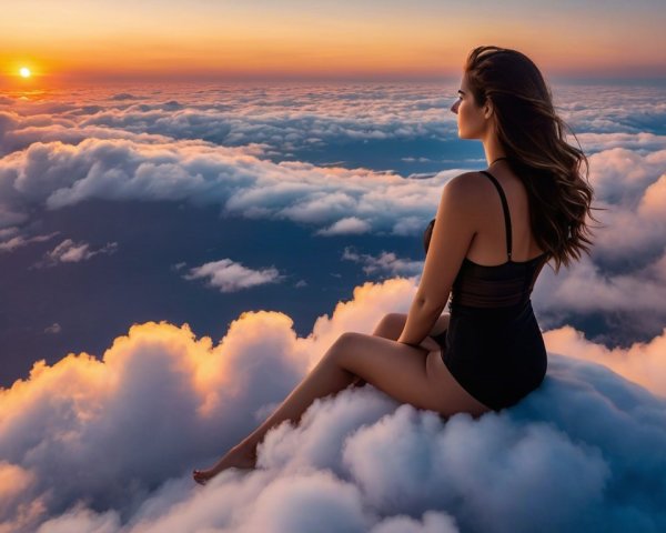 Woman on Cloud at Sunset in Dreamlike Atmosphere