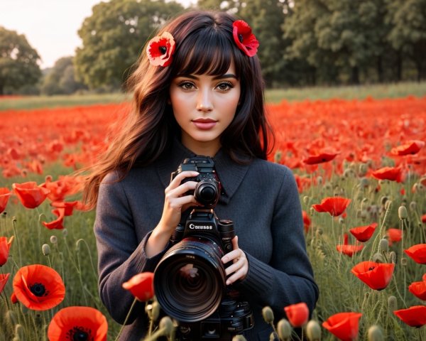Young Woman in Poppy Field with Camera and Flowers