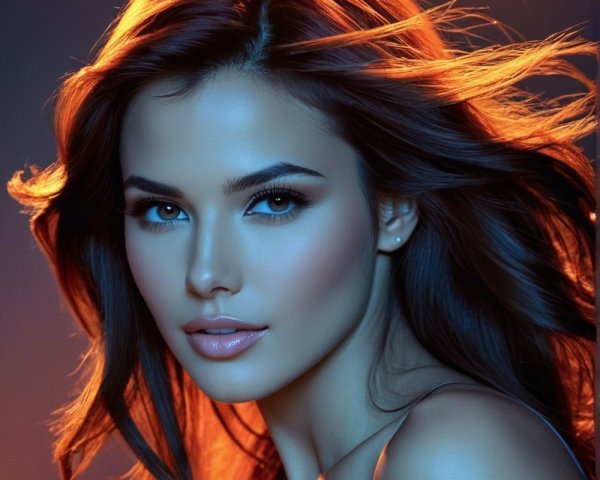 Portrait of a Young Woman with Flowing Hair and Lighting
