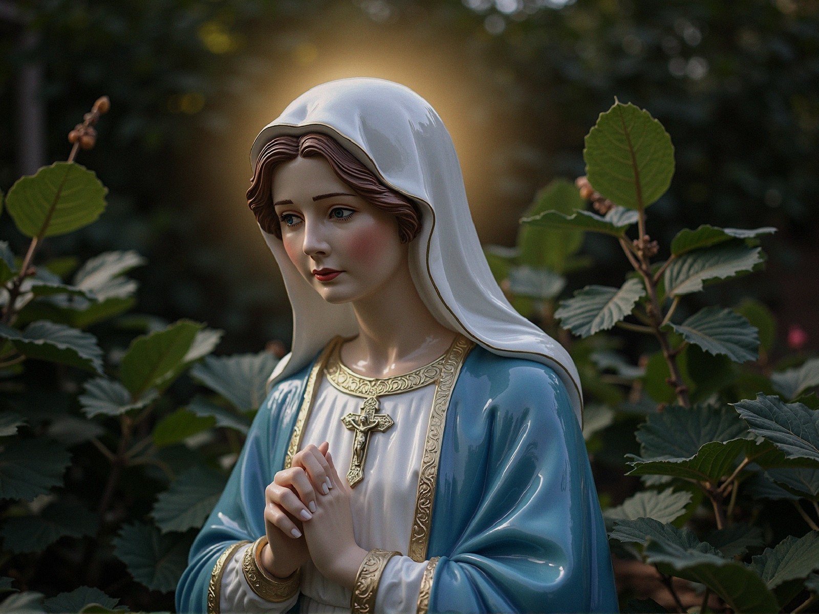 Statue of Virgin Mary Surrounded by Lush Greenery