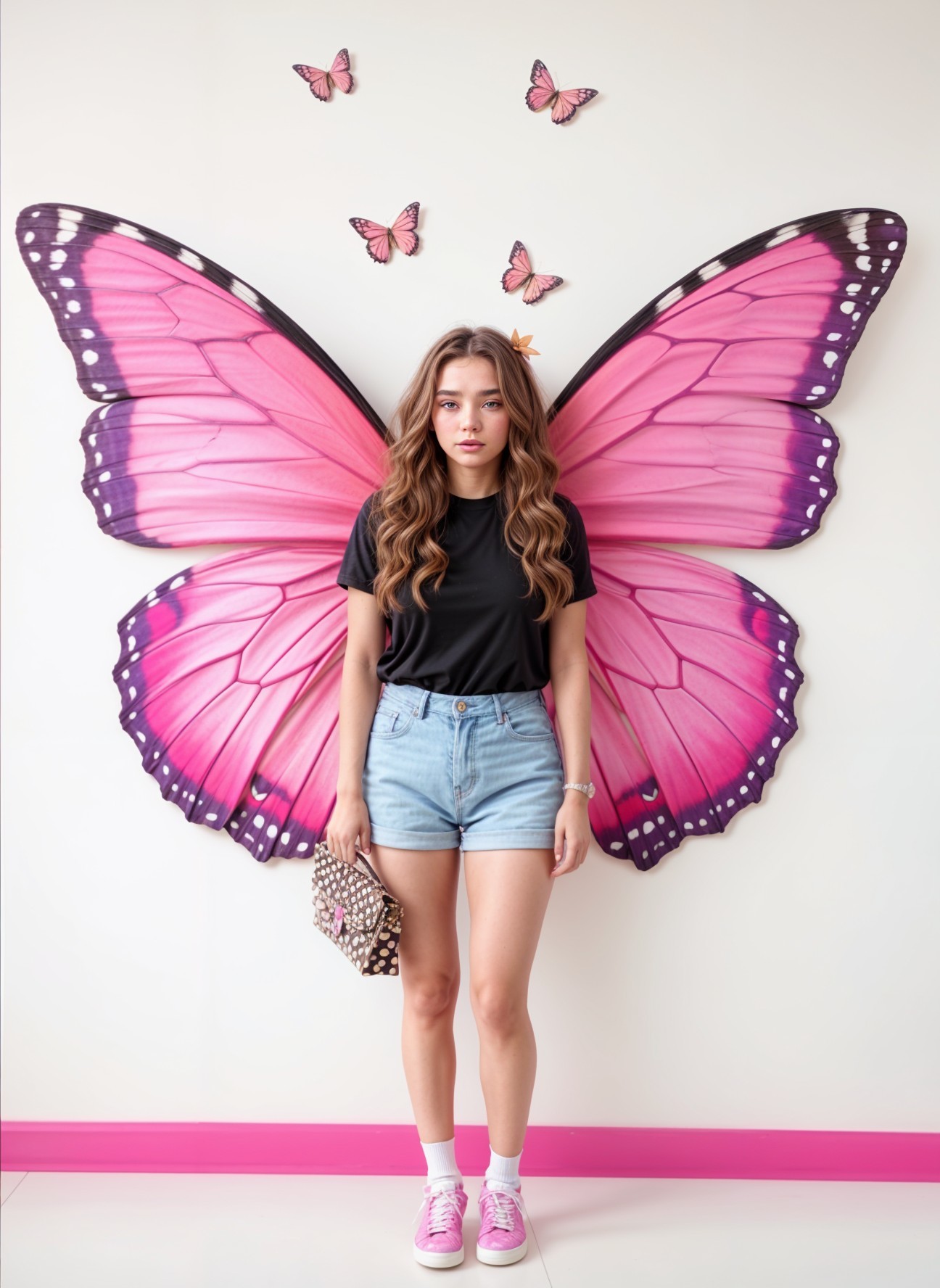 Young woman poses by large pink butterfly mural