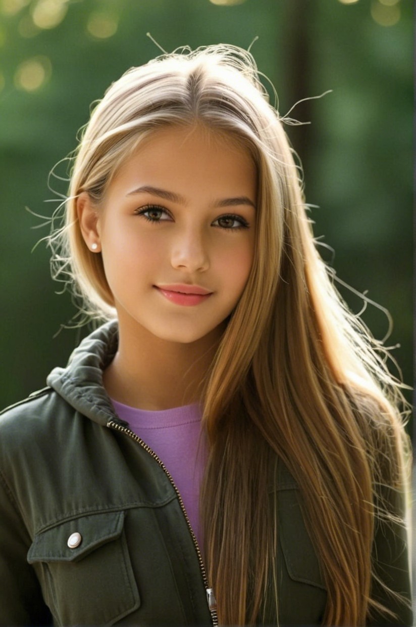 Young girl with blonde hair in green jacket outdoors