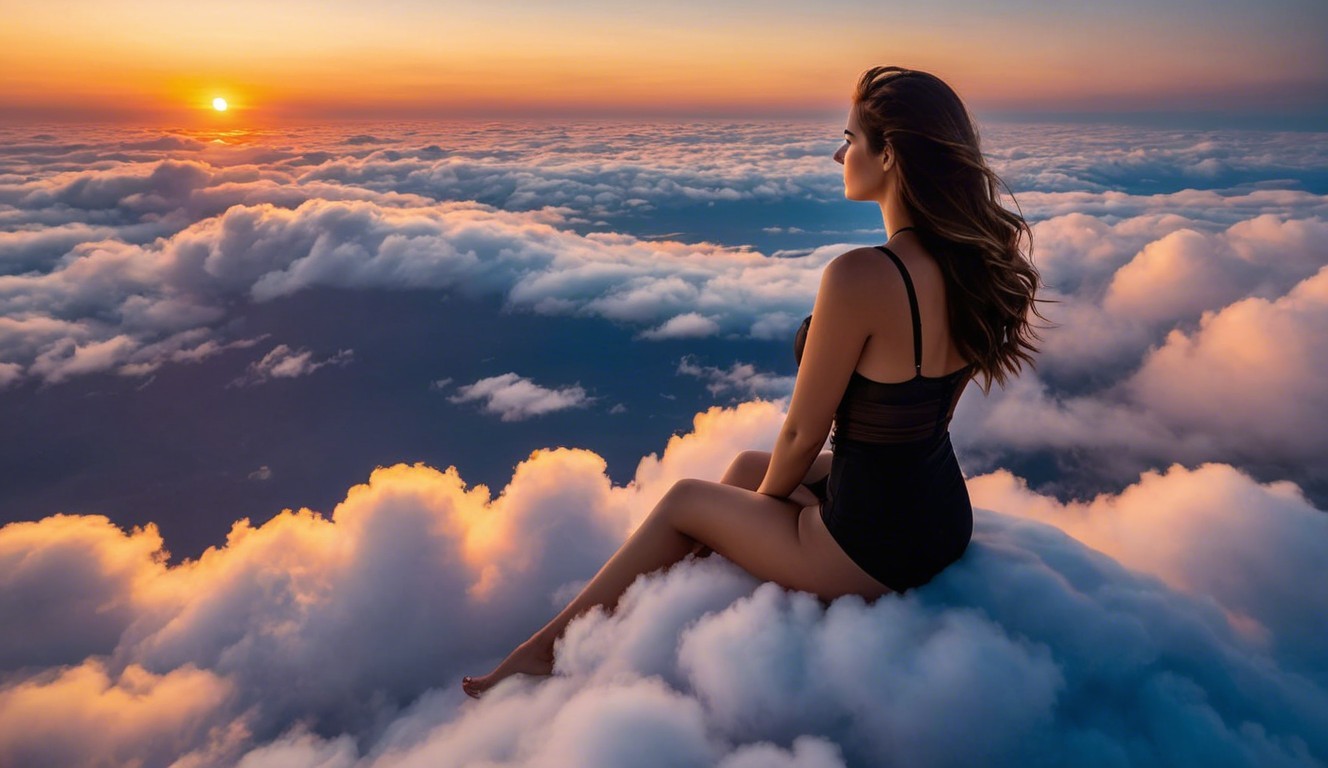 Woman on Cloud at Sunset in Dreamlike Atmosphere