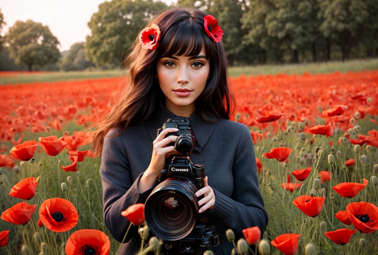 Young Woman in Poppy Field with Camera and Flowers