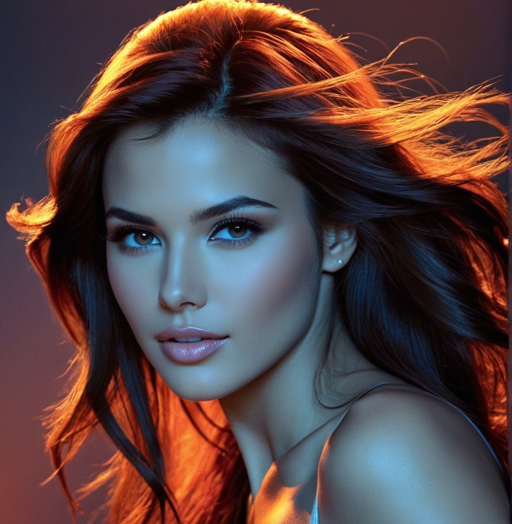 Portrait of a Young Woman with Flowing Hair and Lighting