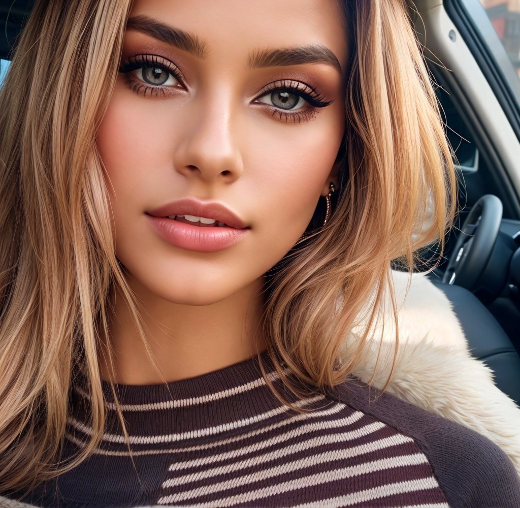 Young woman with blonde hair in stylish car setting