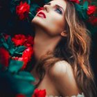 Woman with Wavy Hair and Red Roses in Greenery