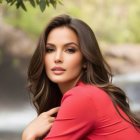 Woman in Red Dress with Long Brown Hair and Warm Smile