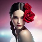 Woman with Braid and Red Roses in Elegant Setting