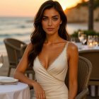 Elegant Woman in White Dress at Seaside Sunset
