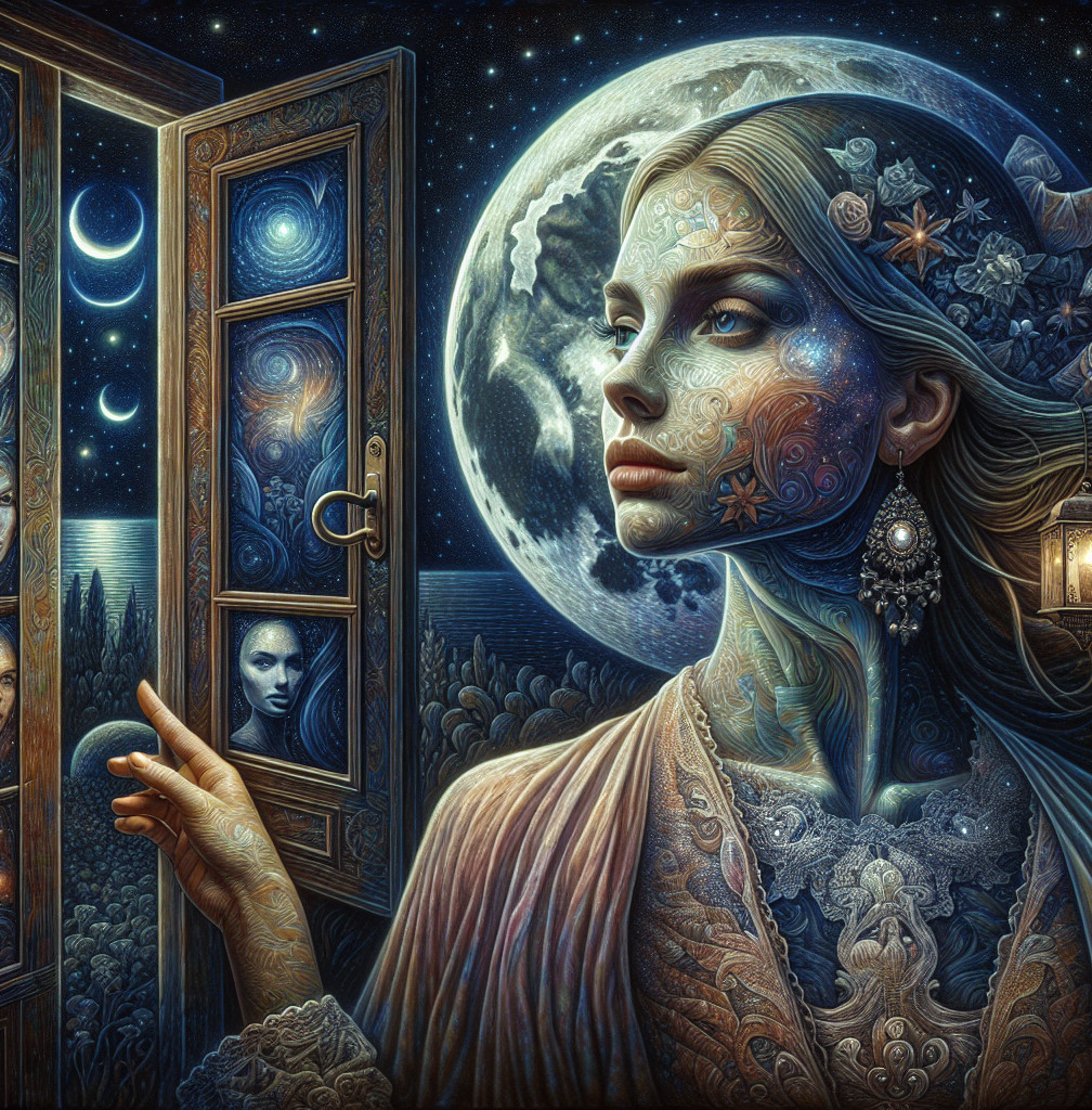 Mystical Woman Before Ornate Door Under Starry Night