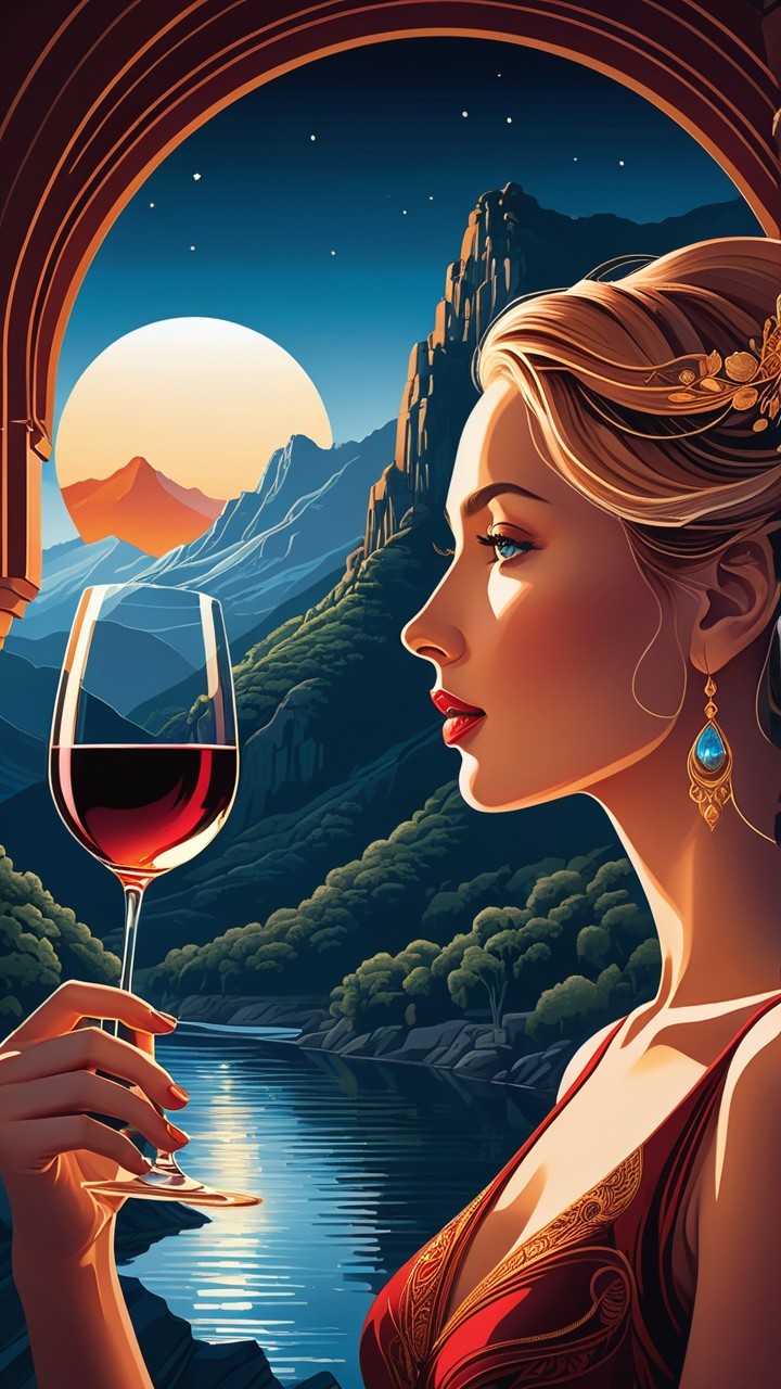 Elegant Woman with Wine Over Scenic Moonlit Landscape
