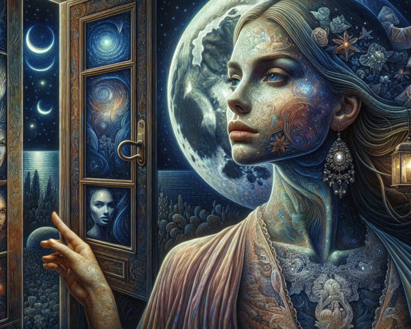 Mystical Woman Before Ornate Door Under Starry Night