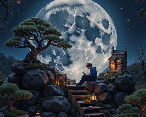 Young boy reading on stone steps in a dreamlike landscape