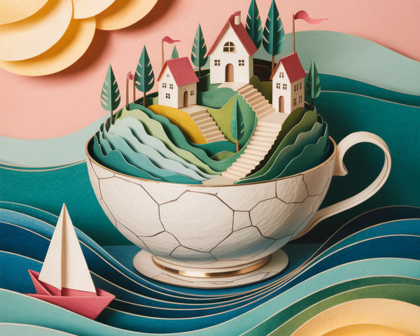 Whimsical Paper Art Scene with Teacup Landscape