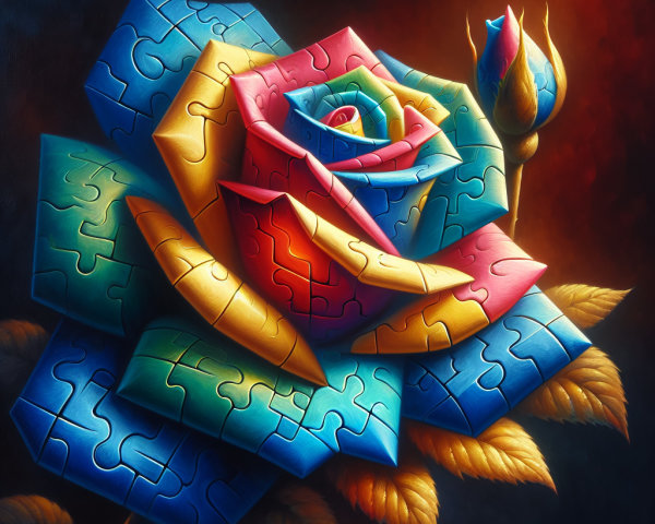 Vibrant Rose Made of Colorful Jigsaw Puzzle Pieces