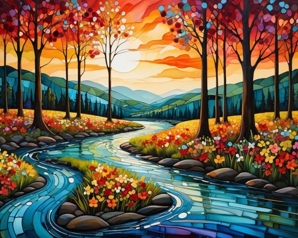 Vibrant Landscape with Winding River and Sunset Colors
