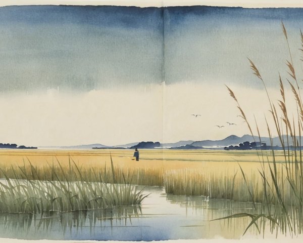 Serene Landscape with Rice Fields and Waterway