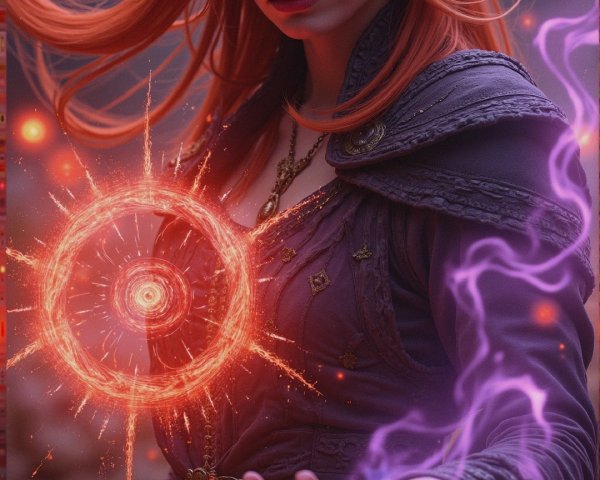 Sorceress with Red Hair Conjuring Magical Energy