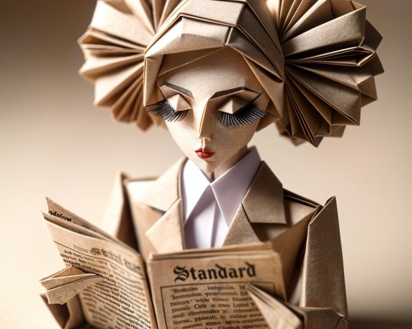 Origami Figure of Woman Reading Newspaper in Suit