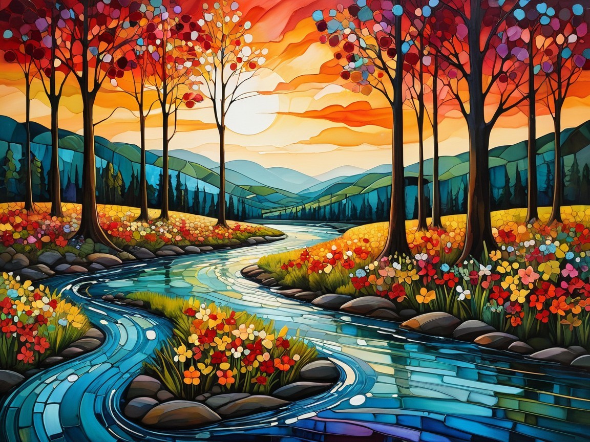 Vibrant Landscape with Winding River and Sunset Colors