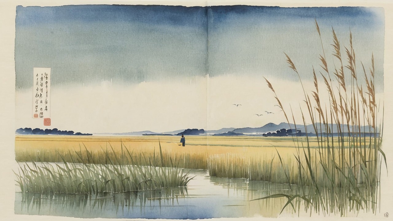 Serene Landscape with Rice Fields and Waterway