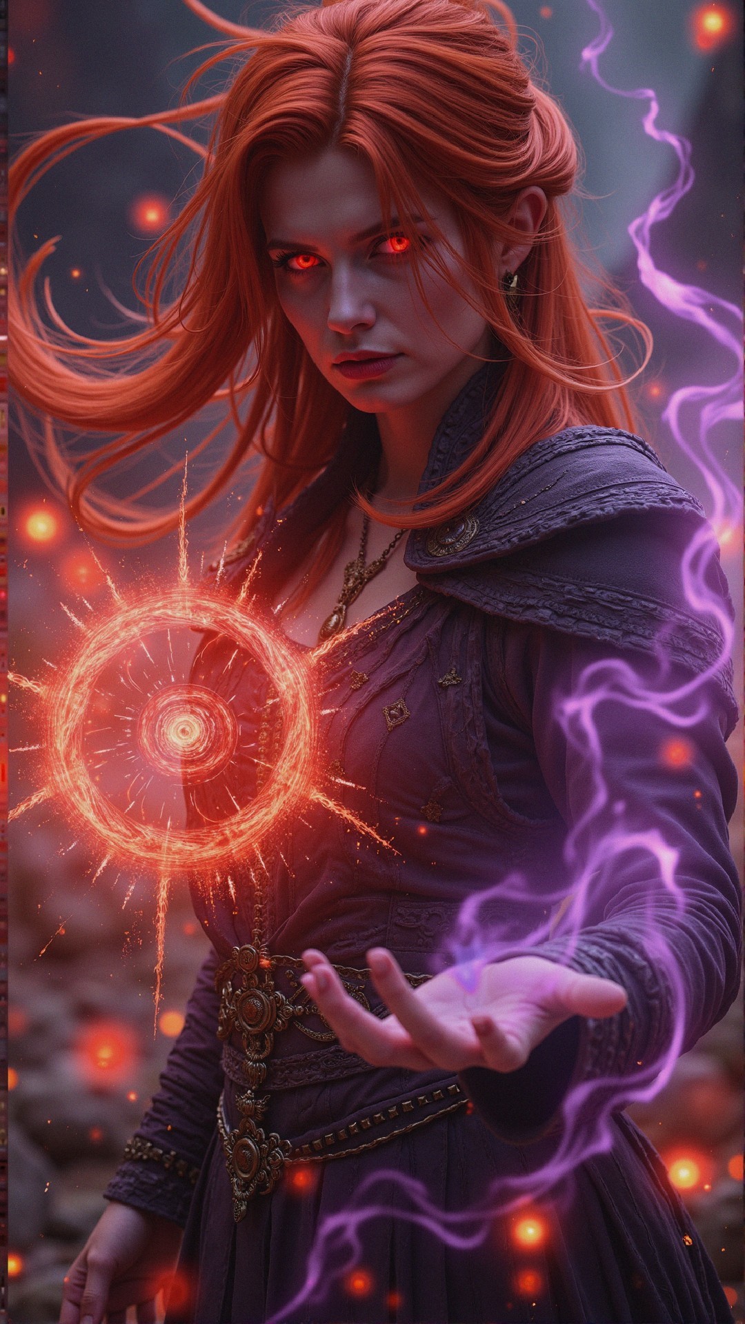 Sorceress with Red Hair Conjuring Magical Energy