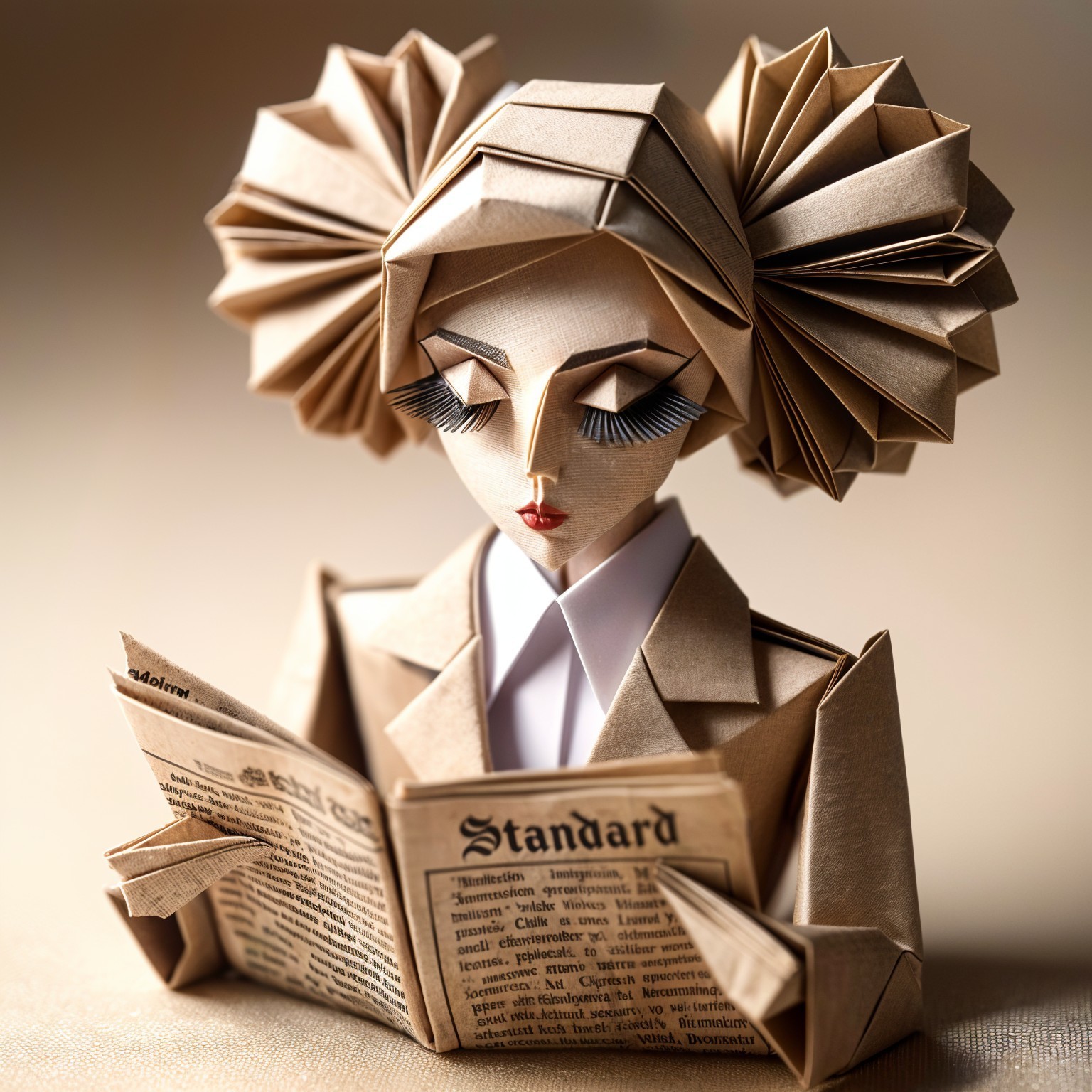 Origami Figure of Woman Reading Newspaper in Suit