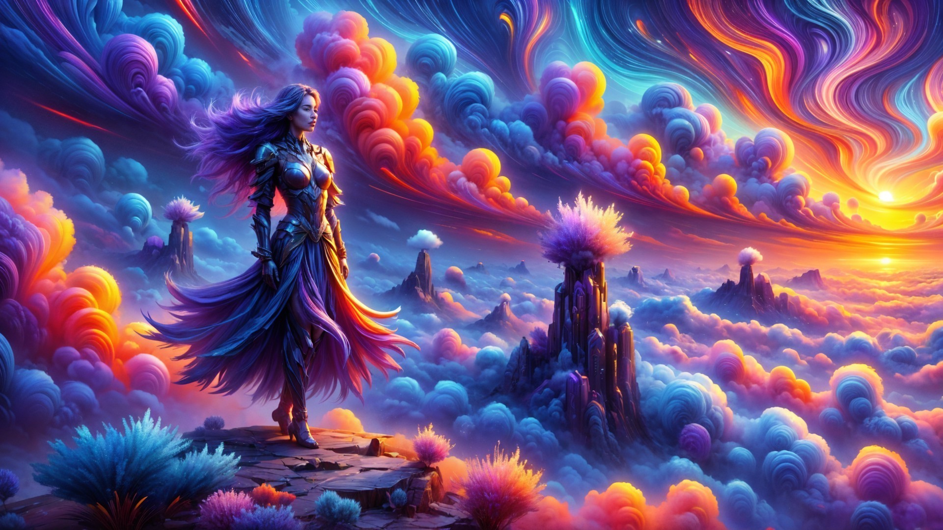 Majestic Figure Overlooking Vibrant Surreal Landscape