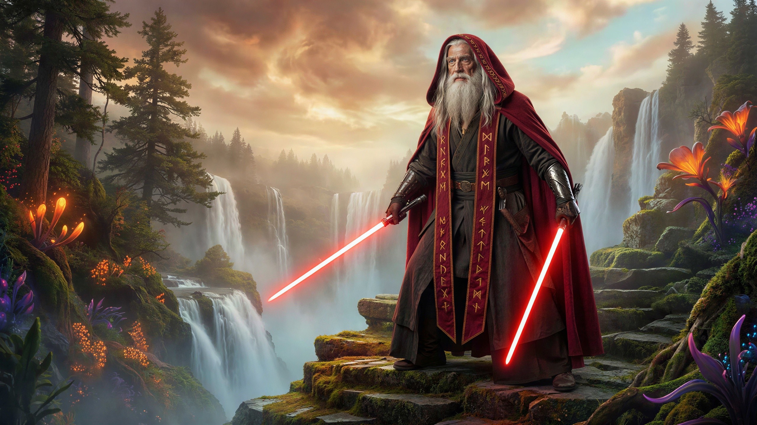 Old wizard with lightsabers on stone staircase in fantasy