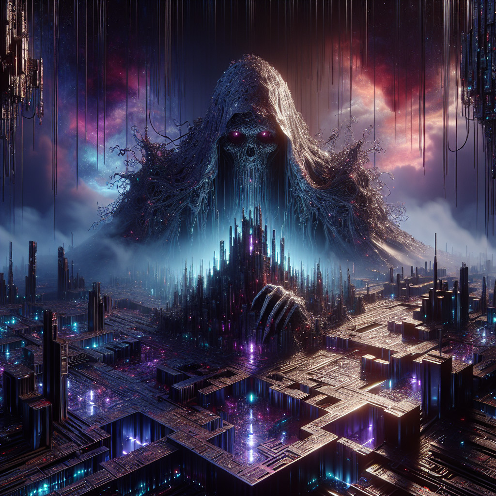 Ethereal Figure Over Neon Cityscape in Cyberpunk Fantasy