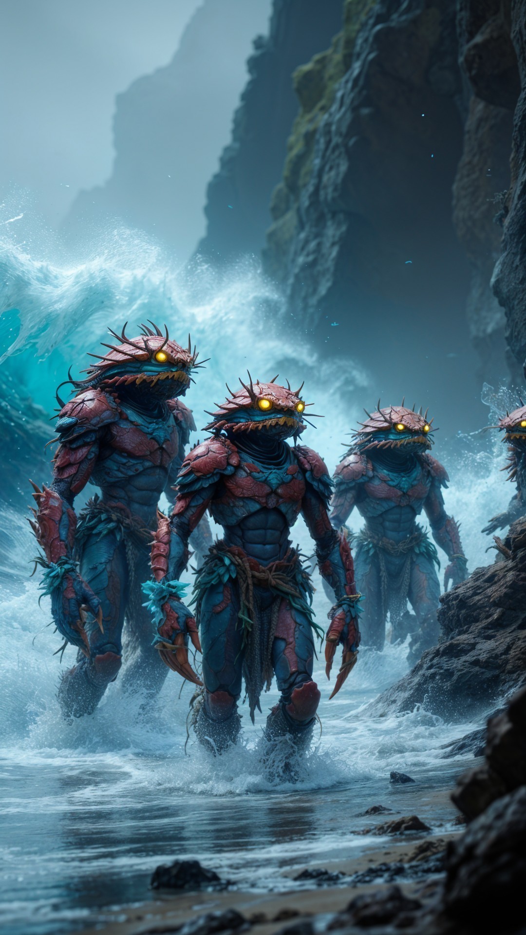 Armored Creatures Emerge from Ocean Waves