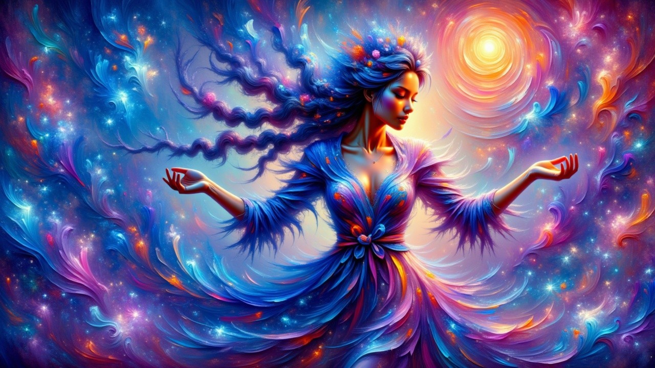 Mystical figure in vibrant colors with celestial energy