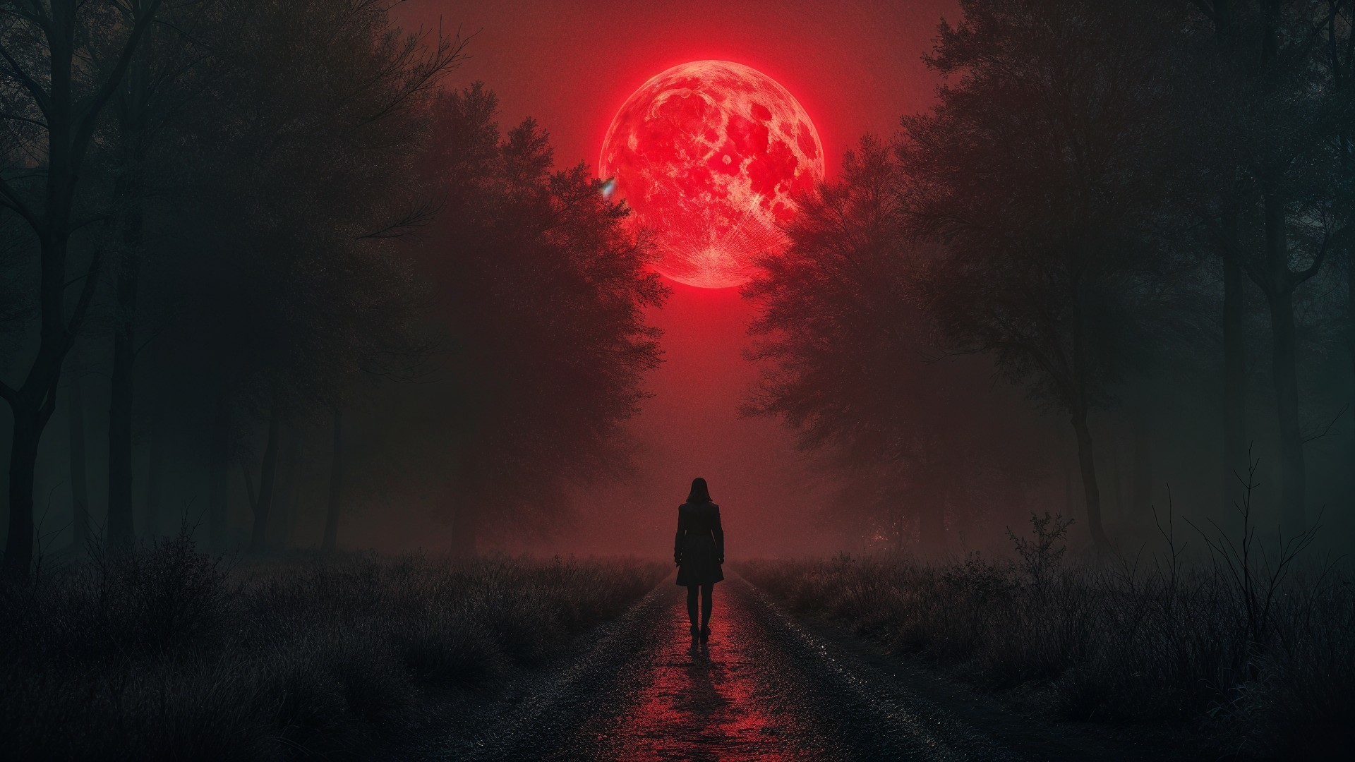 Solitary Figure on Misty Path Under Red Moonlight