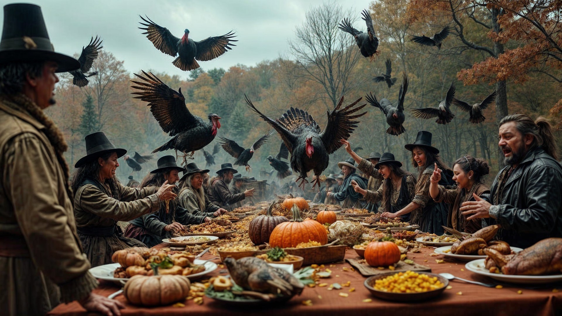 Festive Harvest Gathering with Autumn Foliage and Feast