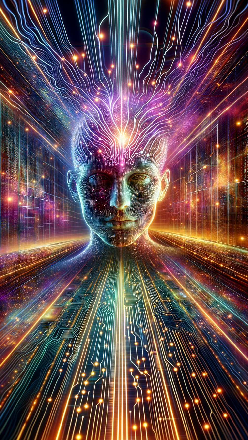 Futuristic Figure with Glowing Neural Patterns and Light