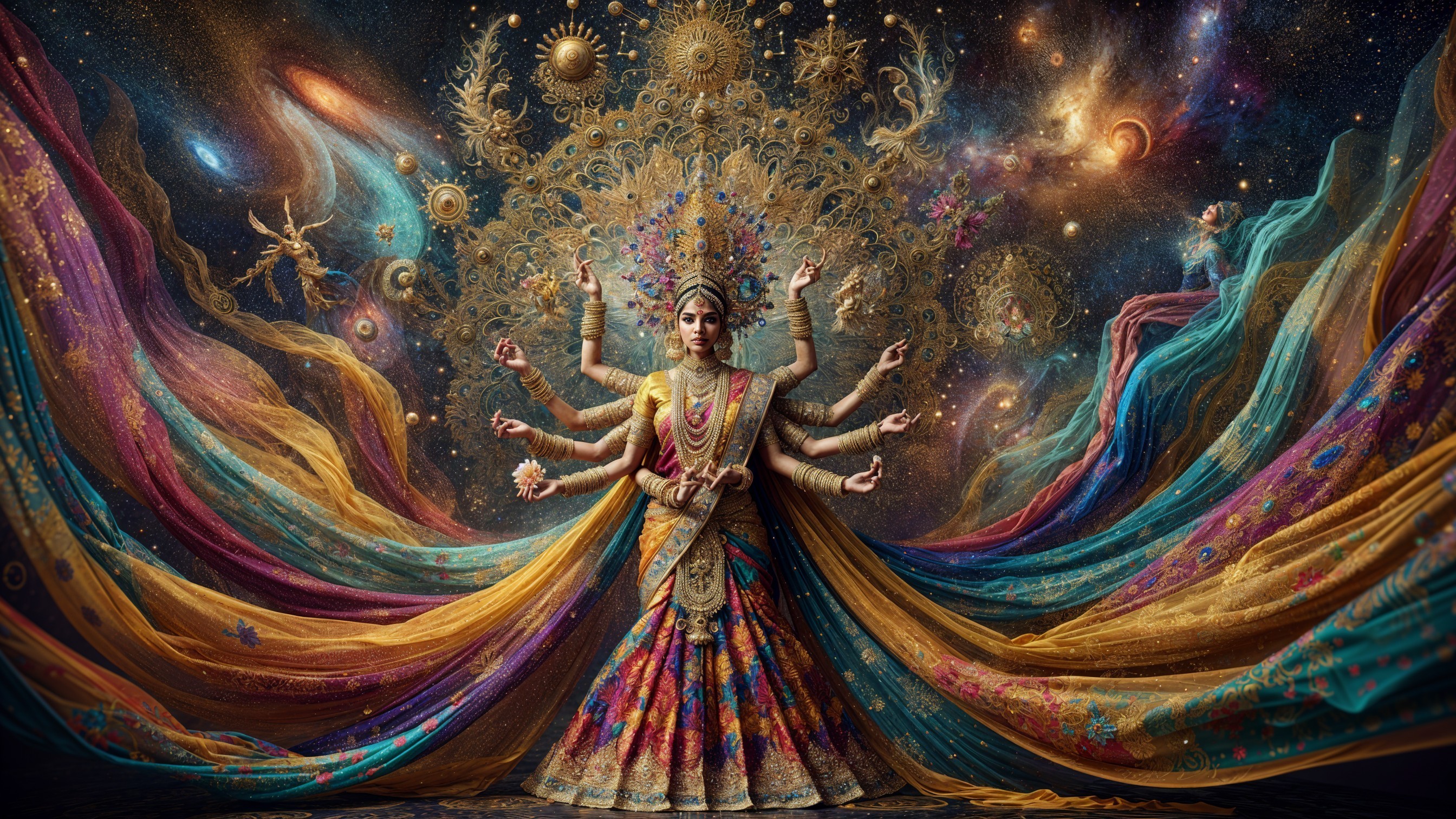 Majestic Figure in Vibrant Garment Against Cosmic Backdrop