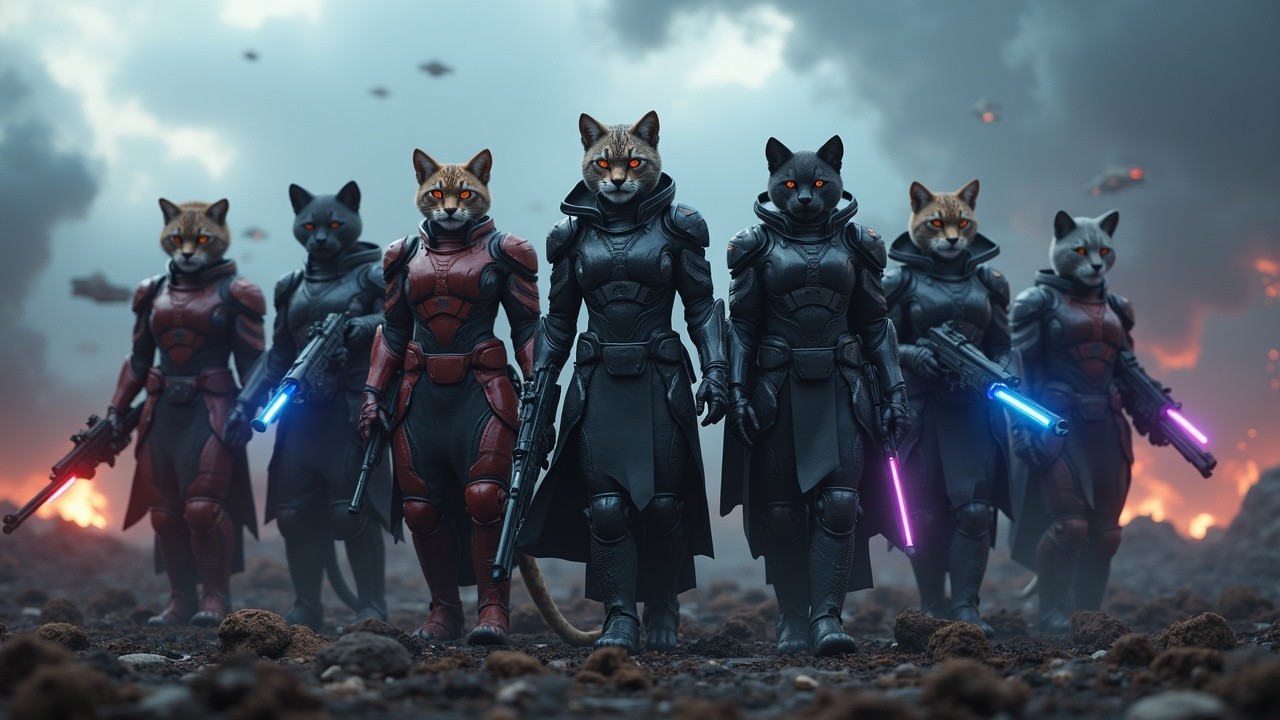 Armored Feline Figures on Rocky Terrain in Sci-Fi Scene