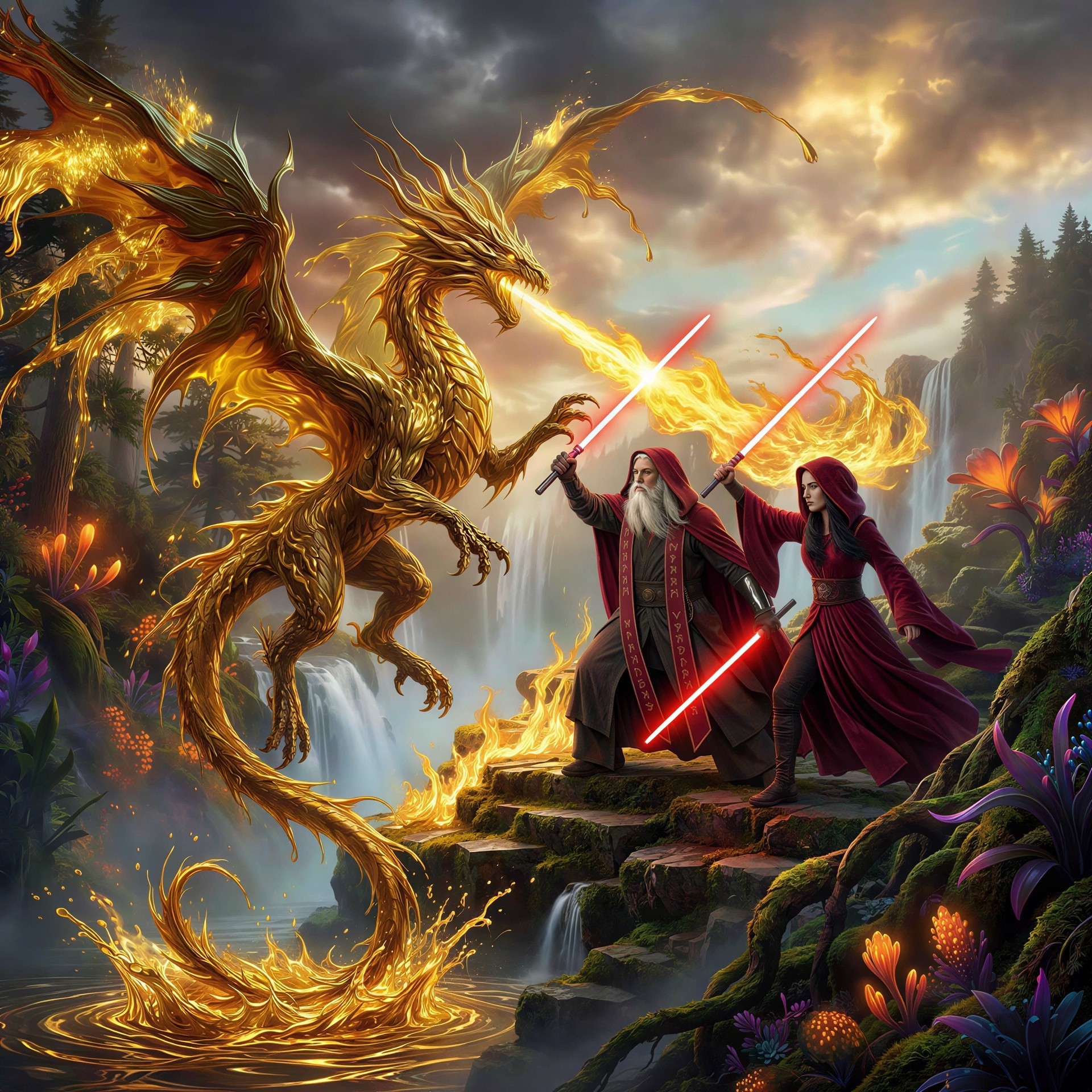 Golden Dragon Battles Wizard and Sorceress in Fantasy Scene