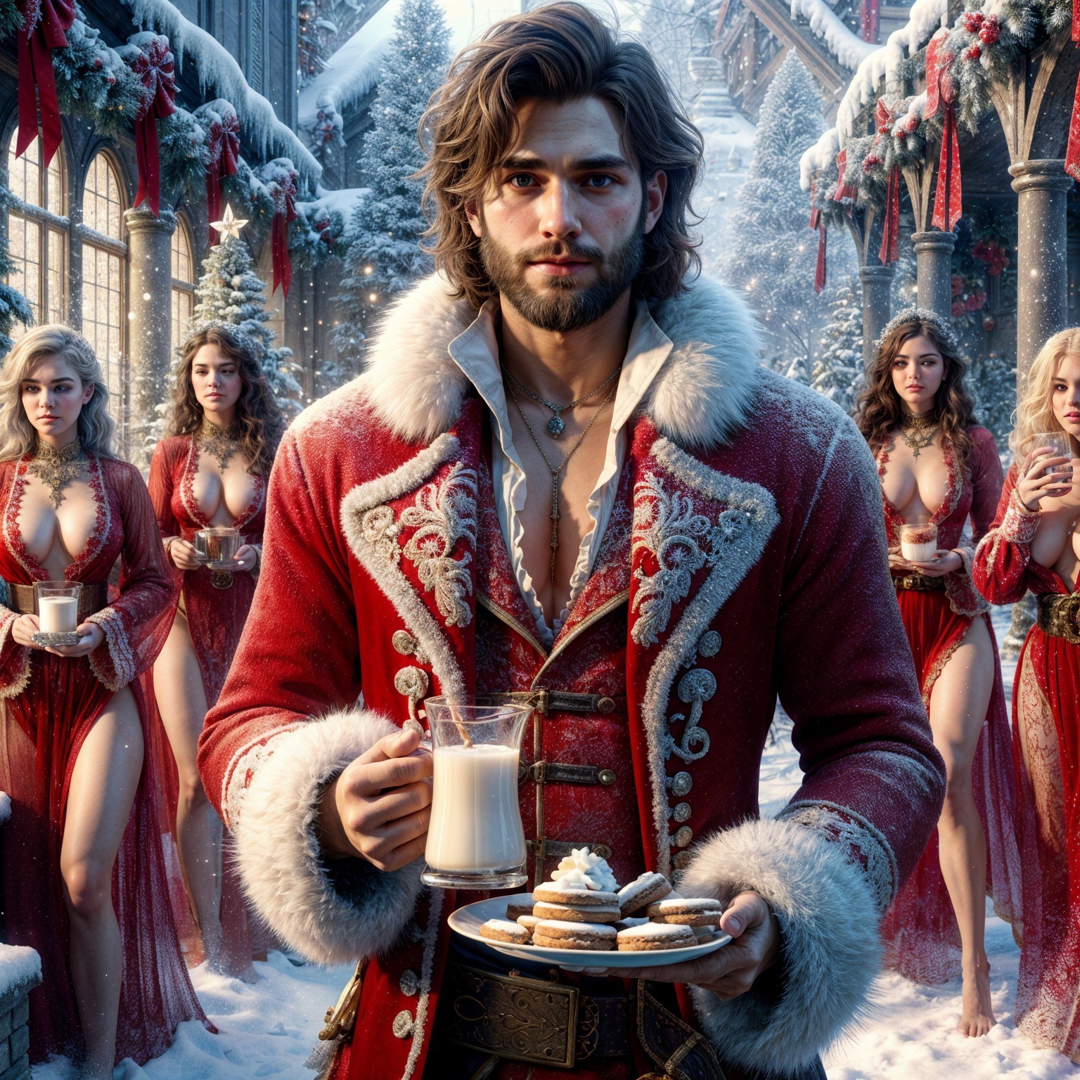 Charismatic Man in Red Coat at Festive Holiday Scene