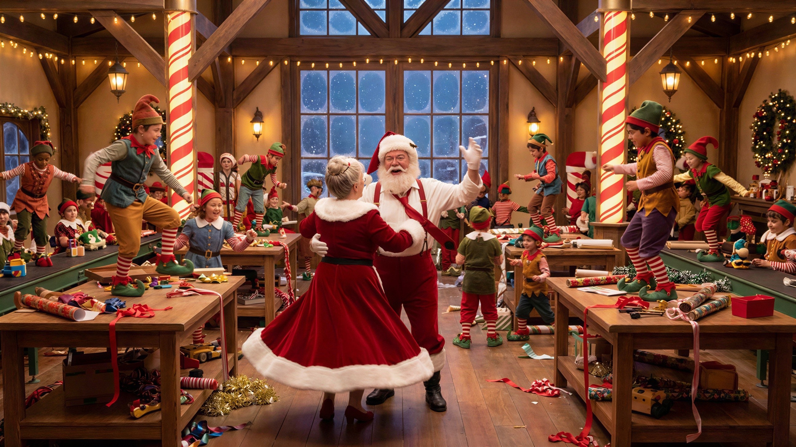 Santa and Mrs. Claus Dancing in a Festive Workshop