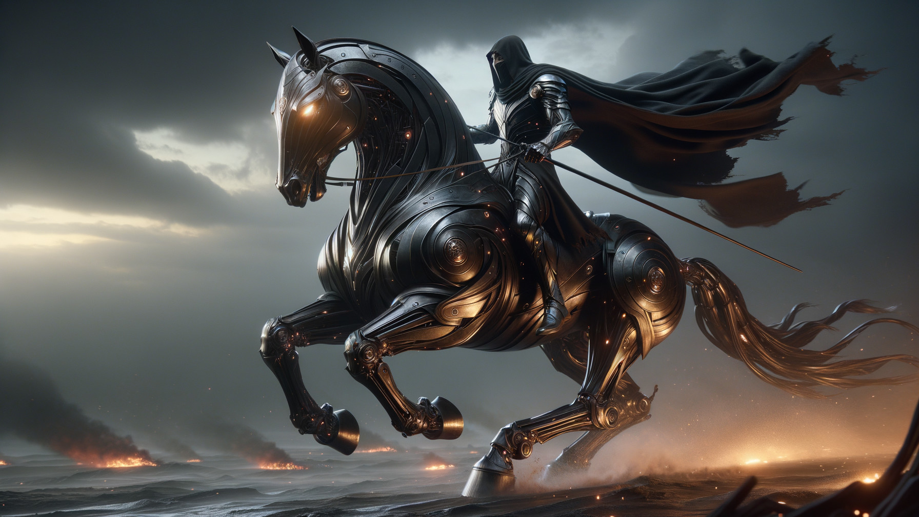 Armored Figure on Futuristic Horse in Dramatic Landscape